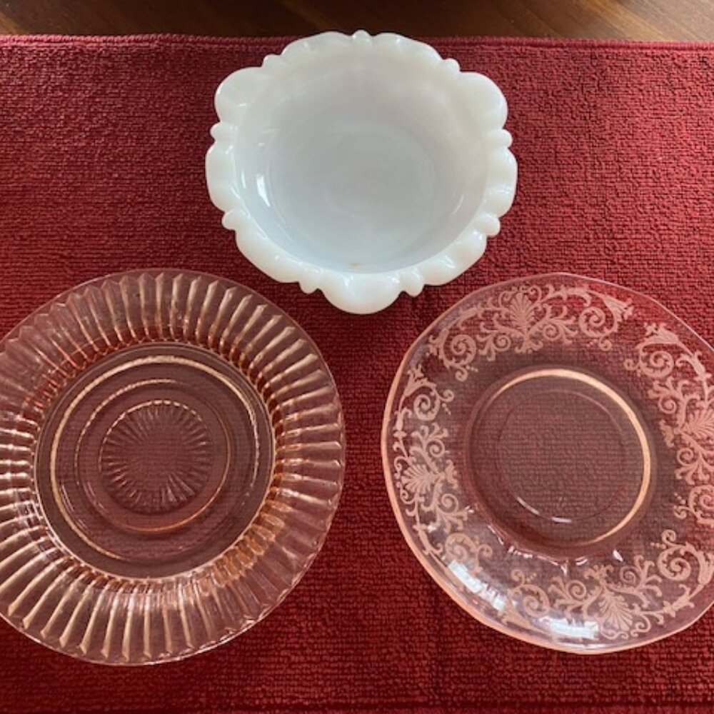 3 DEPRESSION Era Saucers / Sm Dishes *2 PINK (ETCHED Blush + SWIRL)+1 MILKGLASS